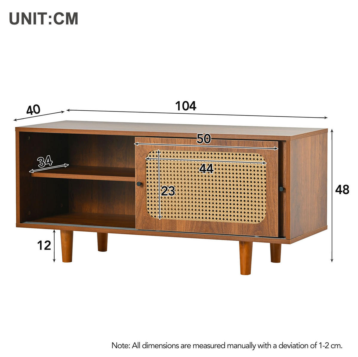 SCHUHSCHRANK in Walnuss mit Rattan, 3 Türen und 2 Schiebetüren,104/40/48 cm - Walnussfarben, Holzwerkstoff (40/48/104cm) - Flora Grace