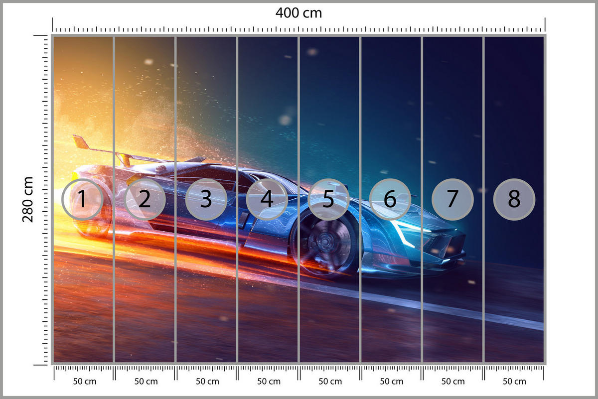 FOTOTAPETE für Jugendzimmer Futuristisches Sportwagen Neon 400x280 - Blau/Gelb, Papier (400/280cm) - Muralo