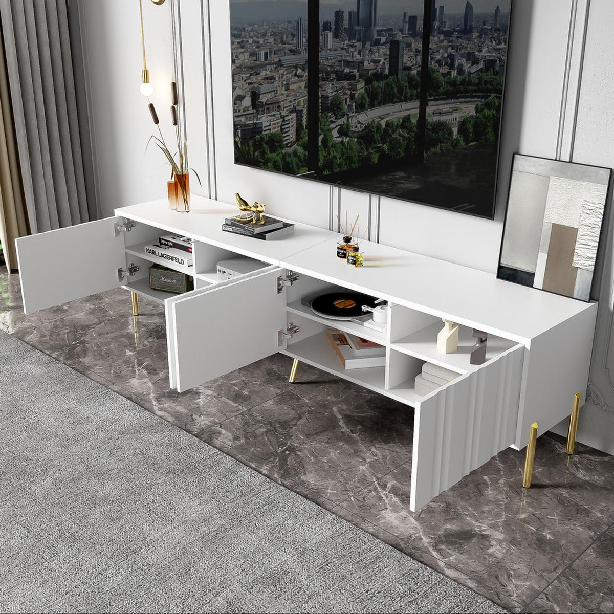 TV-SCHRANK 190x38cm Weiß mit goldenen Tischbeinen Rillen-Design - Weiß, Holz (46/27/60cm) - FLIEKS