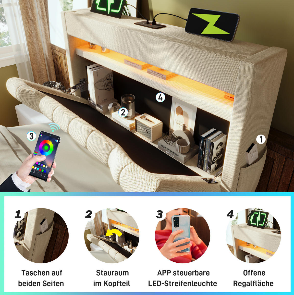 POLSTERBETT 90/200 cm Beige aus Leinen mit Stauraum und LED - Beige, Textil (90/200cm) - OKMYHOME