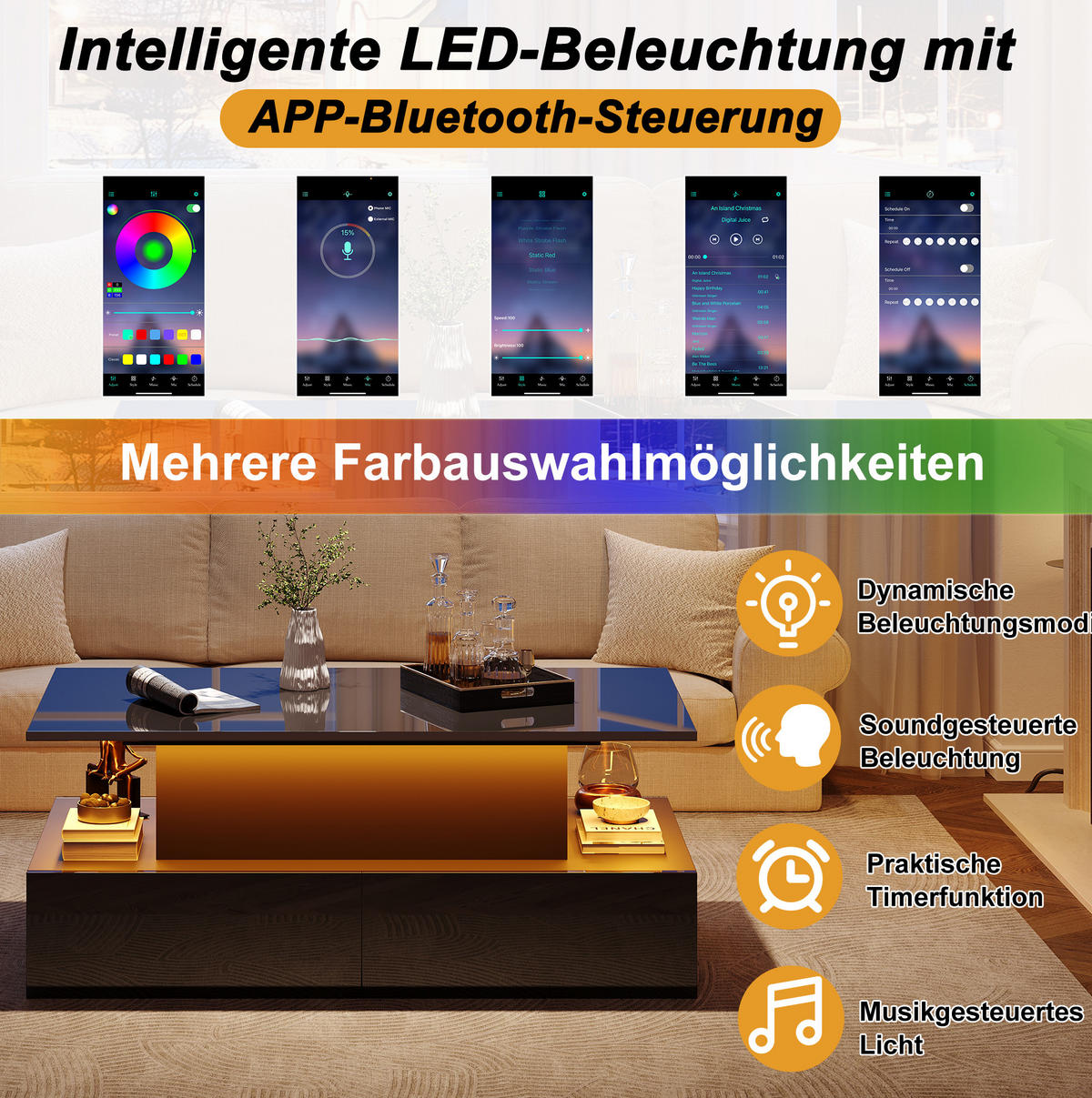 COUCHTISCH 90/55/41 cm schwarz aus Holzwerkstoff mit LED-Beleuchtung und Stauraum - Schwarz, Holzwerkstoff (90/55/41cm) - OKMYHOME