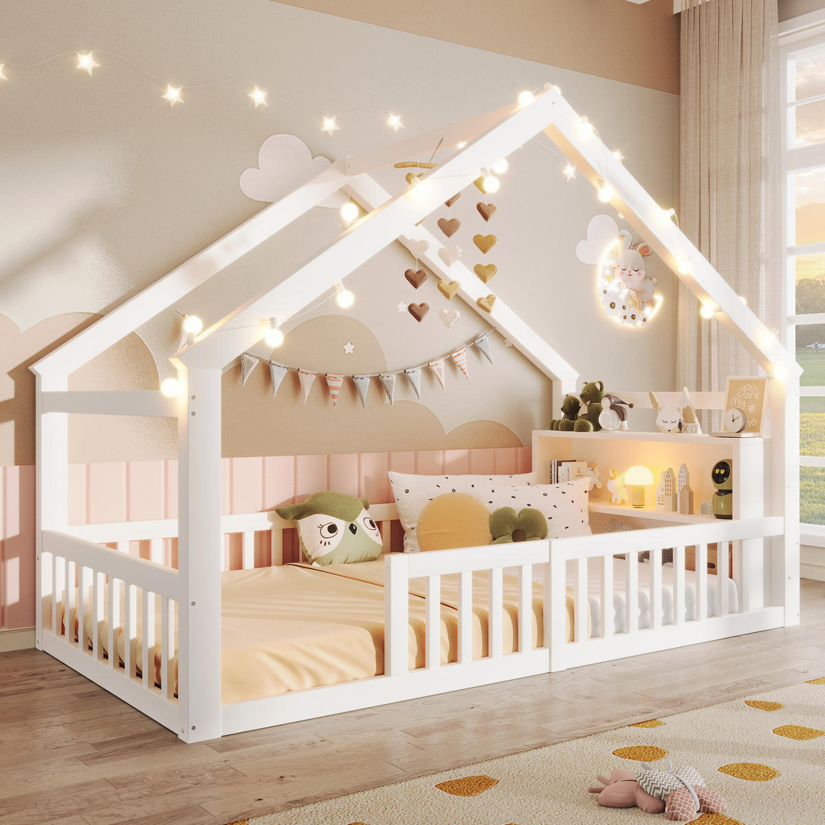 HAUSBETT 90/190 cm in Weiß mit Regal und LED im Cottage-Design - Weiß, Holzwerkstoff (90/190cm) - STILVORA