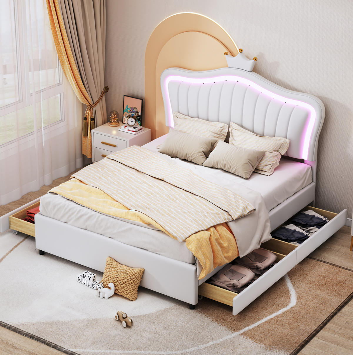 POLSTERBETT 140/200 cm Weiß aus PU-Leder mit Stauraumschubladen und LED - Weiß, Textil (140/200cm) - OKMYHOME