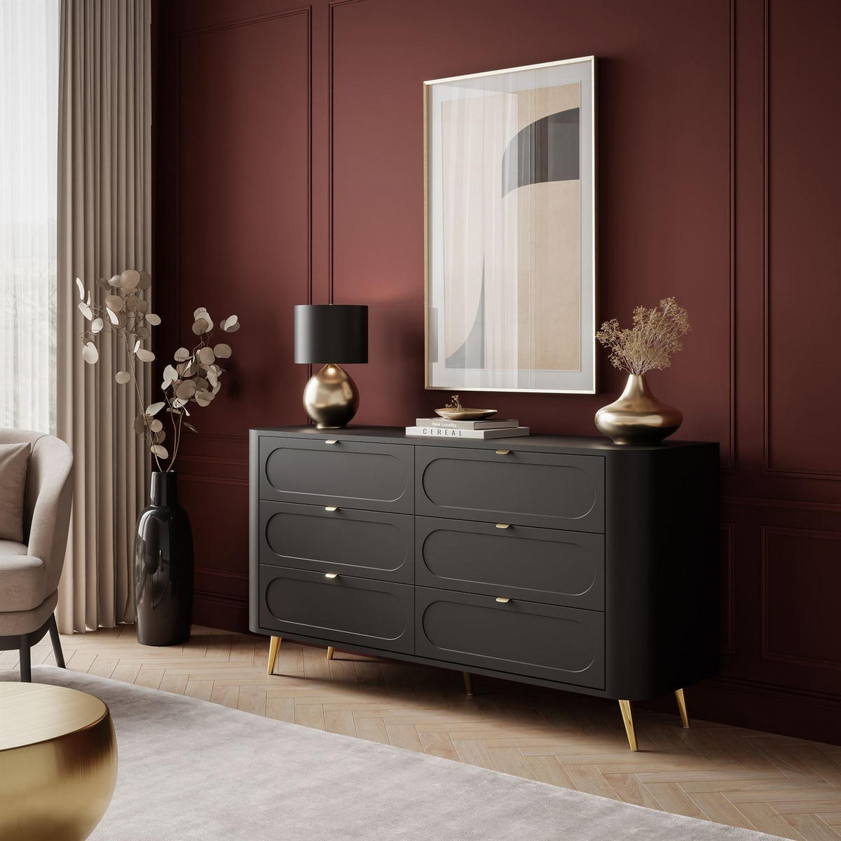 KOMMODE SHADOW II 6S mit Schubladen - Goldfarben/Schwarz, Holzwerkstoff (138/73/40cm) - Lookway