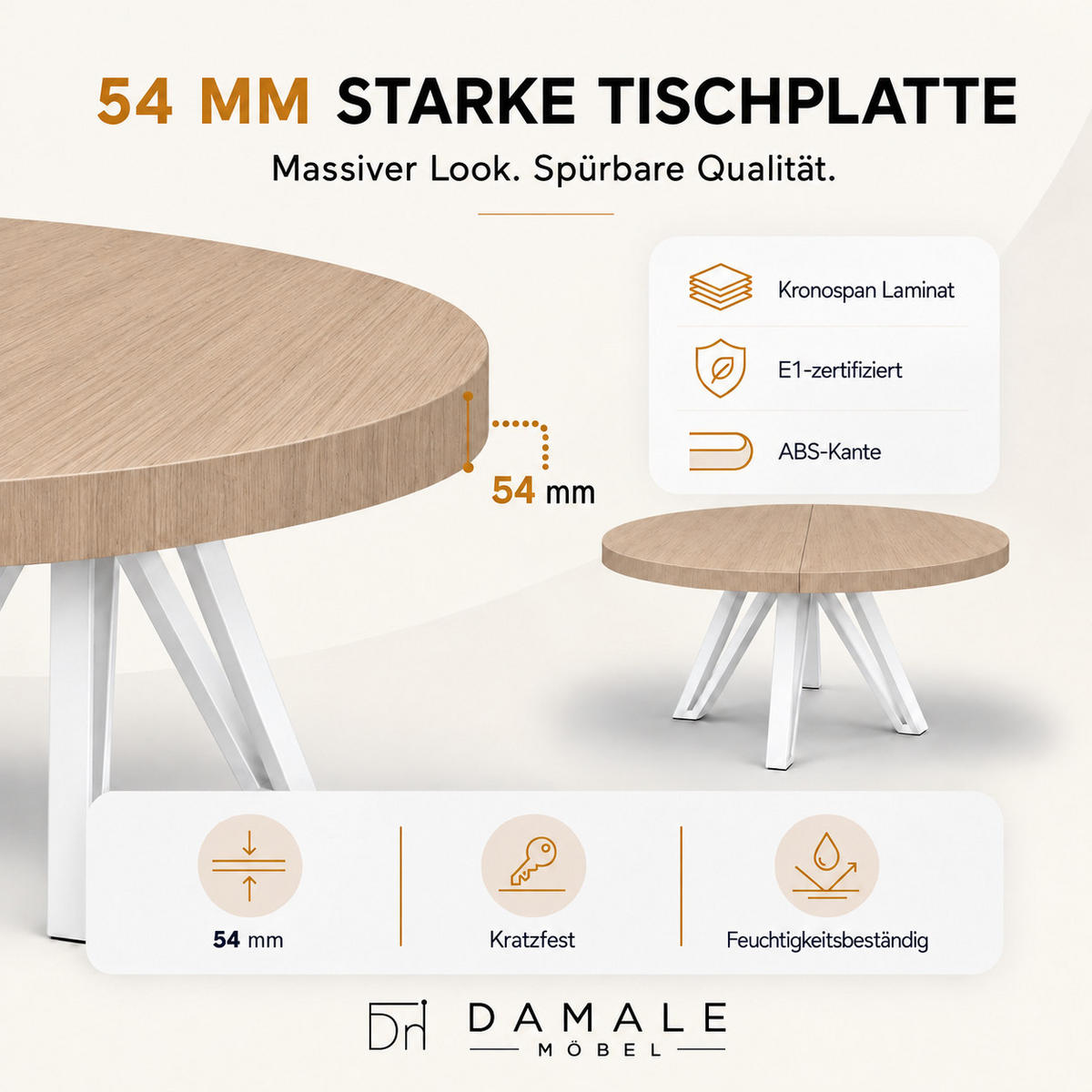 ESSTISCH rund ausziehbar 100/300/76 cm, Hellbraun Eiche Hikora Egger, 54 cm Tischplatte + Industrial Metallgestell Weiß - Hellbraun/Eichefarben, Holzwerkstoff/Metall (100/300/76cm) - Damale Möbel