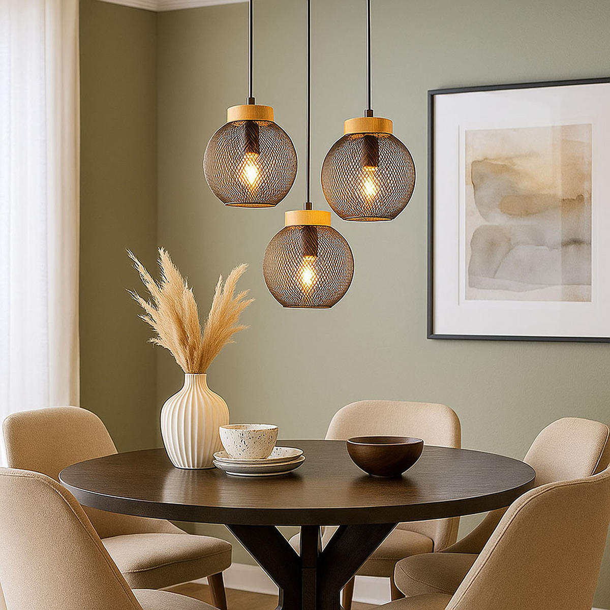 HÄNGELEUCHTE Metall Schwarz Drahtgeflecht - Schwarz, Holz (44/44/120cm) - Globo Lighting