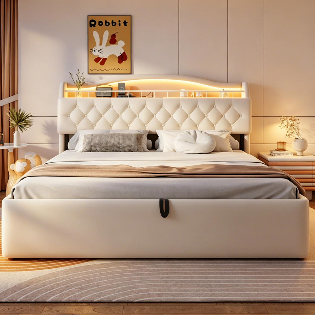 POLSTERBETT 180/200 cm aus Stoff und Metall mit Stauraum, Beige - Beige, Textil (180/200cm) - OKMYHOME