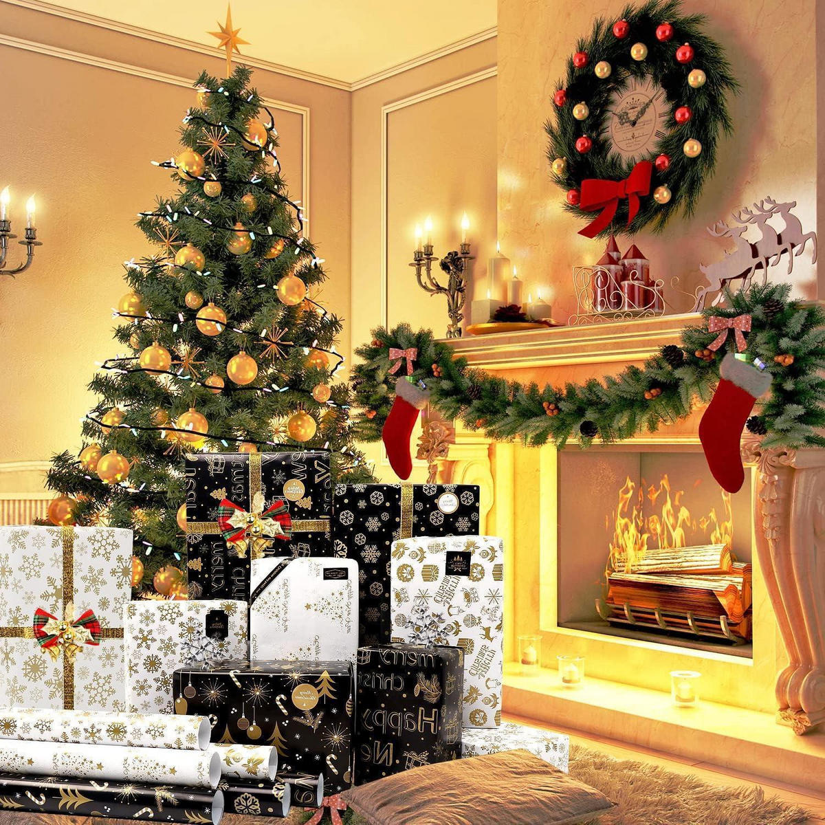 GESCHENKPAPIER Set Weihnachten 6 Blatt Gold Schwarz 70x50cm - Multicolor, Papier (50/1/70cm)