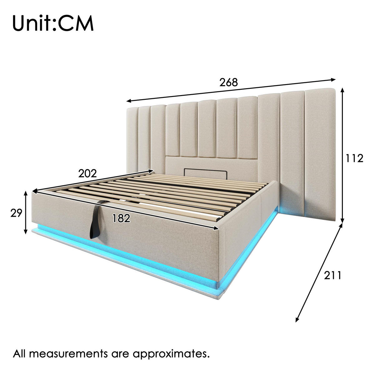 BETT mit Stauraum, LED und Ladefunktion 180x200 cm Leinen Beige - Beige, Metall (180/200cm) - Meubliv