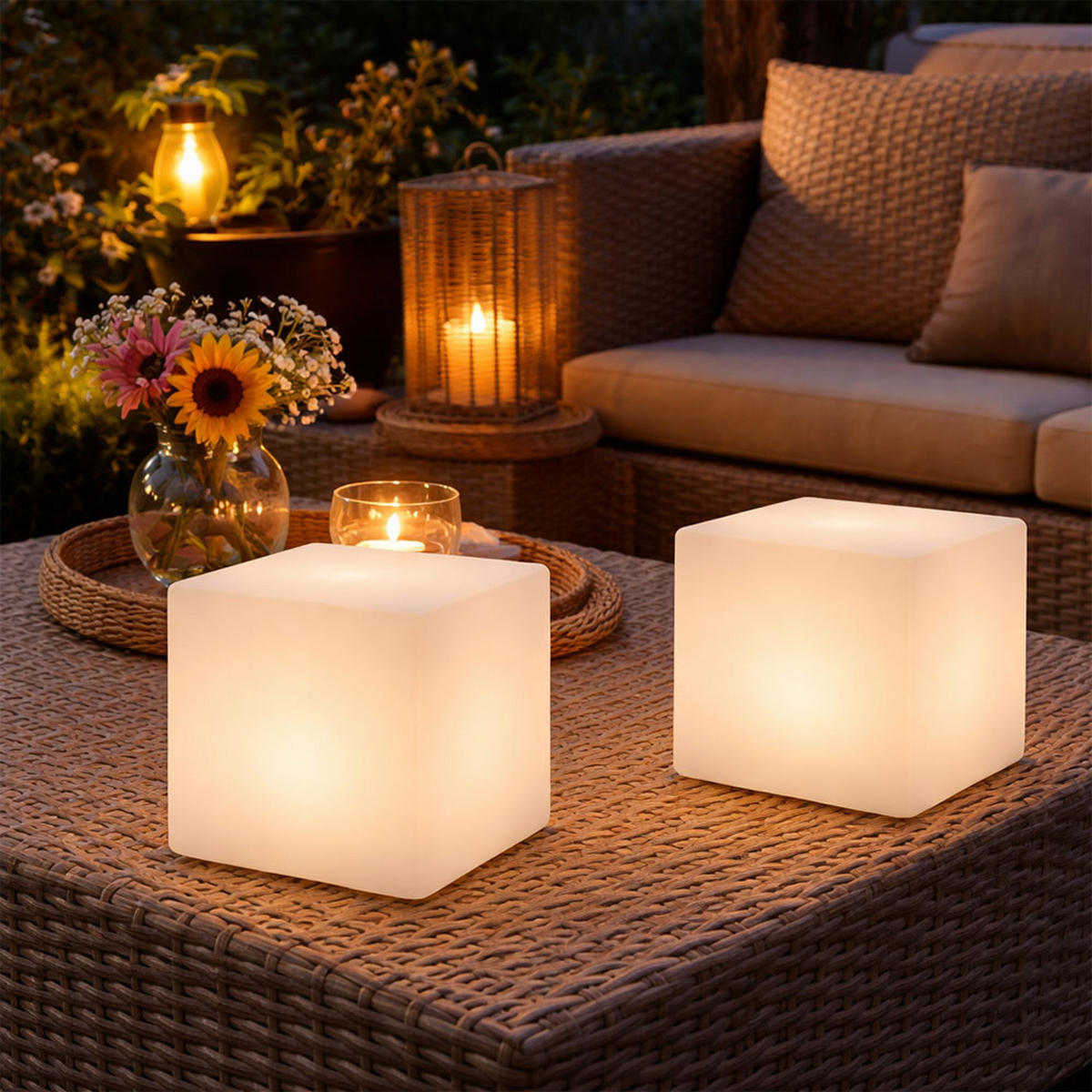 LED AUSSENLEUCHTE Solar Würfelleuchte 2er Set - Weiß, Kunststoff (20/20/21cm)