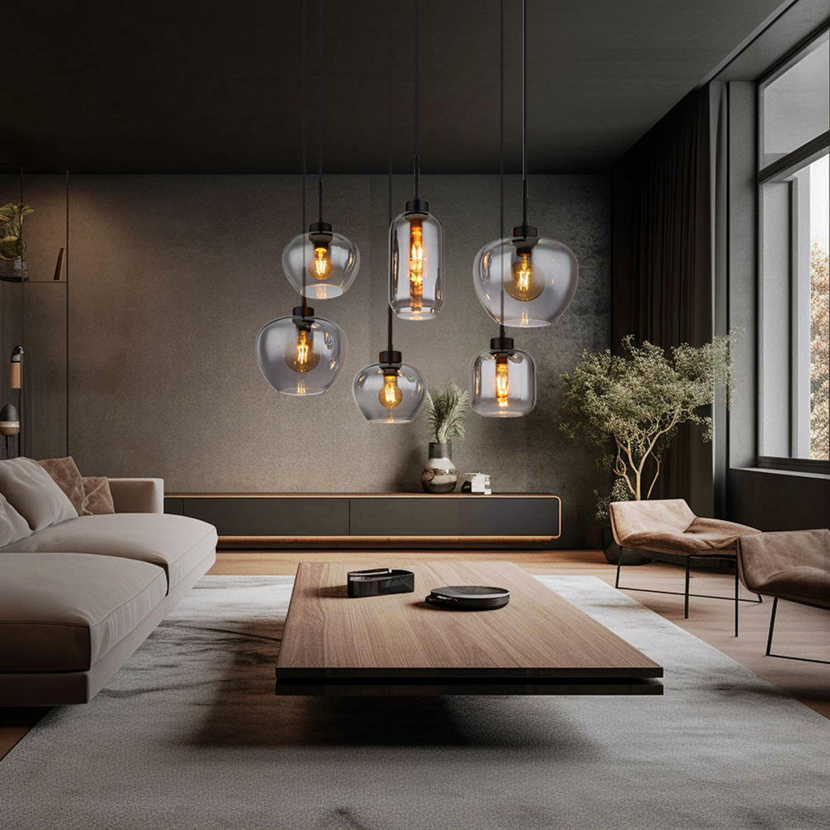 PENDELLEUCHTE Metall Glas Rauchfarbe Schwarz-matt 6-flammig - Grau, Glas (87/43/120cm) - Globo Lighting