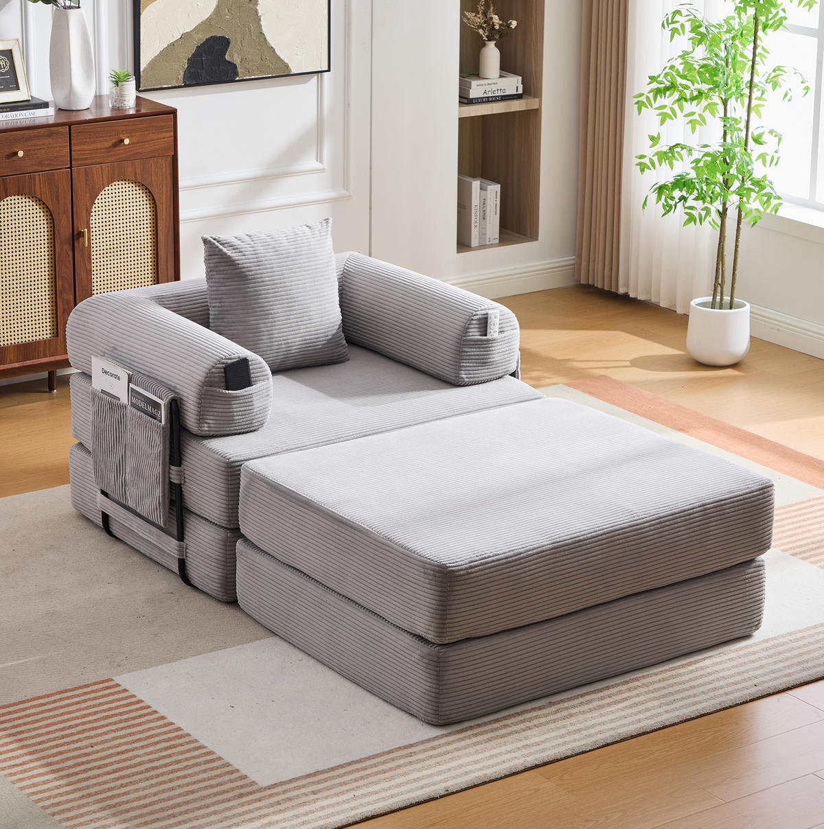 SESSEL mit Hocker aus Cord 112x190x67 cm Hellgrau flexibel kombinierbar, ergonomisch und montagefrei - Hellgrau, Textil (112/67/190cm) - Modfu