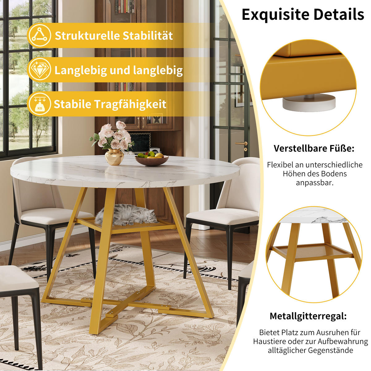 ESSTISCH rund 120/120/75 cm Weiß in Marmoroptik mit Metallgestell und Ablage - Weiß, Holzwerkstoff (120/120/75cm) - OKWISH