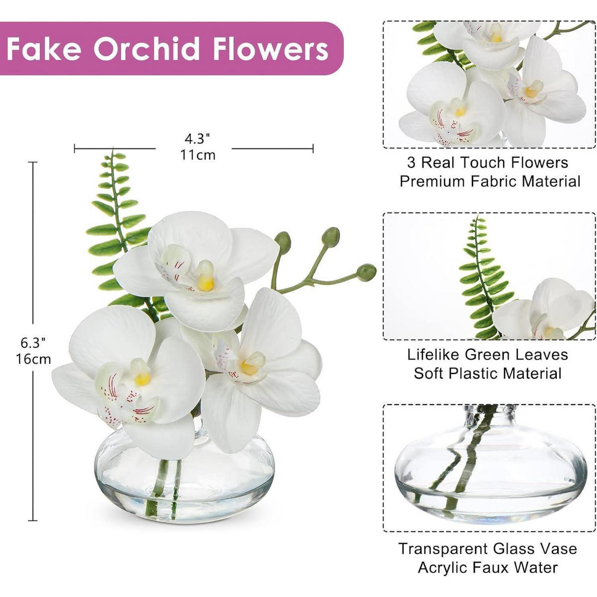 KUNSTBLUMEN 3er Set Orchidee Phalaenopsis mit Glasvase Weiß - Weiß, Kunststoff (12cm)