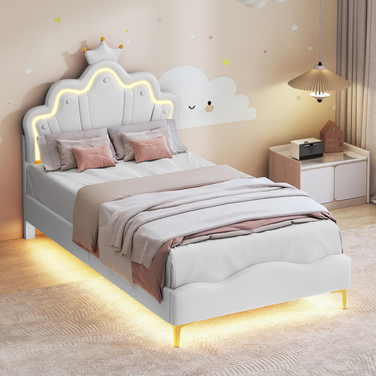 KINDER-POLSTERBETT 90x200 cm Royal Princess mit Kronen-Kopfteil und intelligenter RGB-LED, Kunstleder Weiß - Weiß, Textil (90/200cm) - DELFA