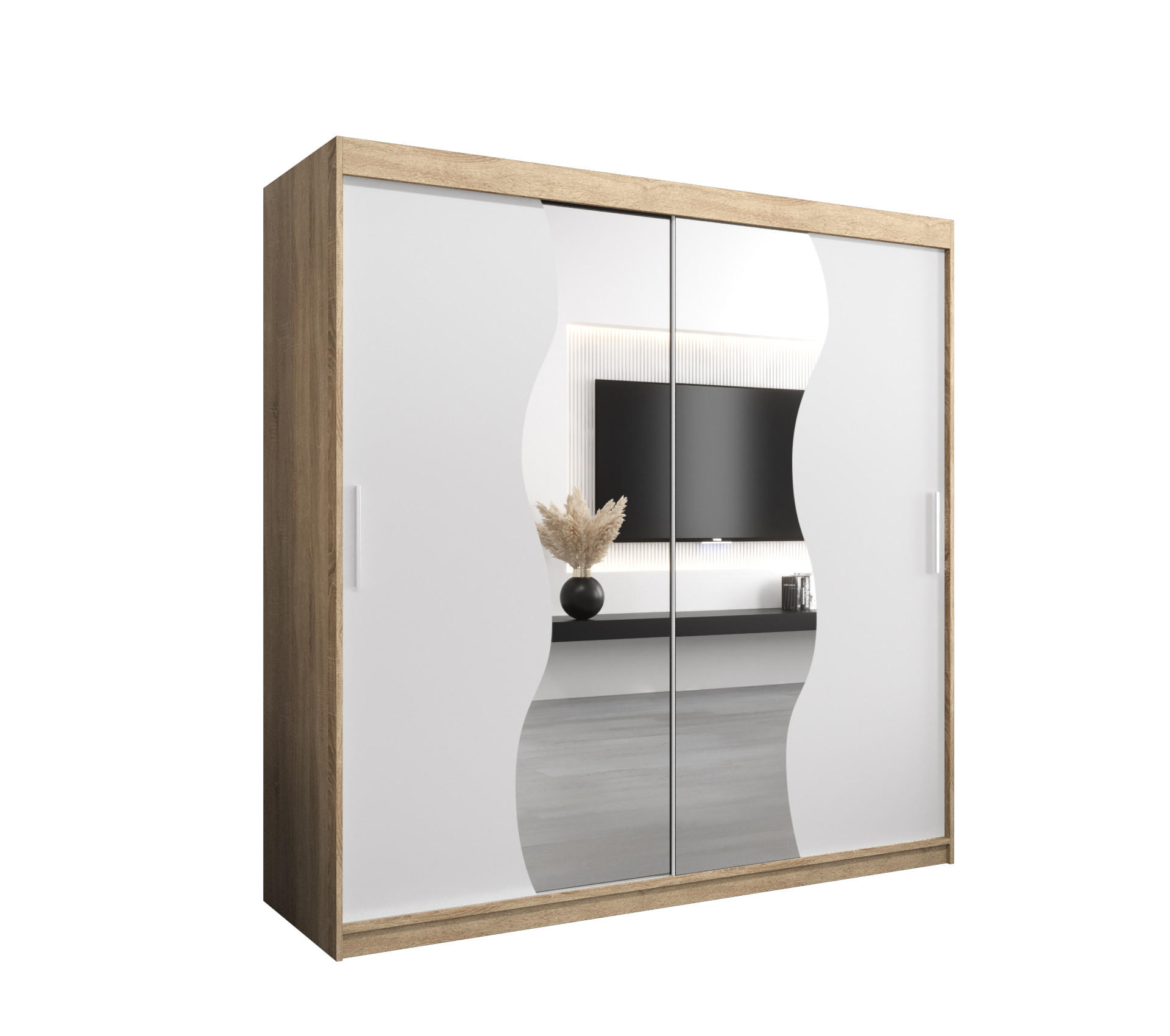 MÖBEL KRYSPOL SCHWEBETÜRENSCHRANK Sonoma Eiche, Weiß 200cm × 62cm × 200cm