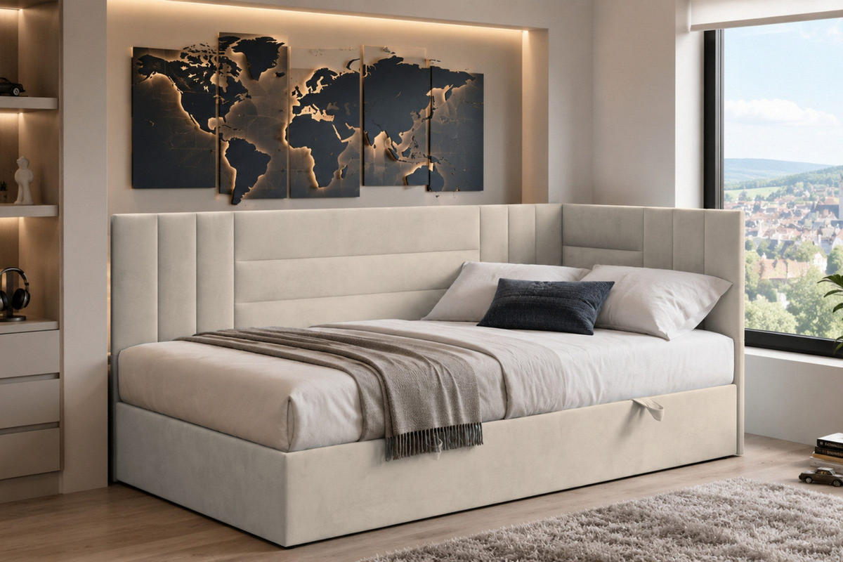BOXBETT KAYA 90/200 in Velours Ecru H3 rechts - Ecru, Holz/Holzwerkstoff (90/200cm) - Deine Möbel 24