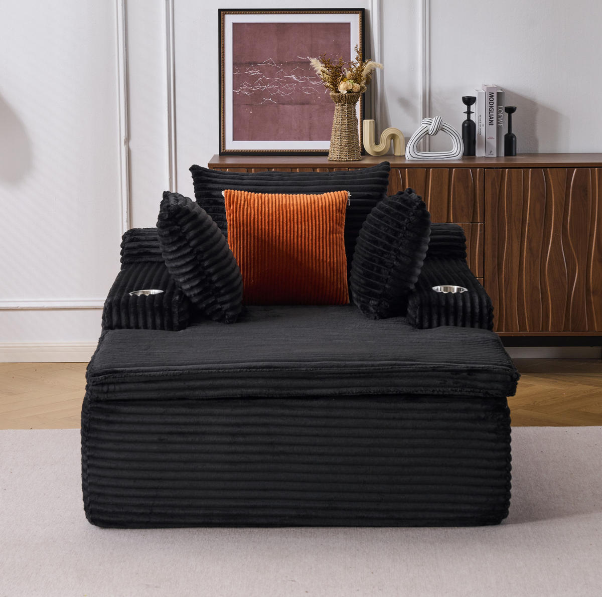 SCHLAFSOFA mit Chaiselongue, 3 Kissen, Cord, Schwarz - Schwarz, Kunststoff (112/63/165cm) - Meubliv