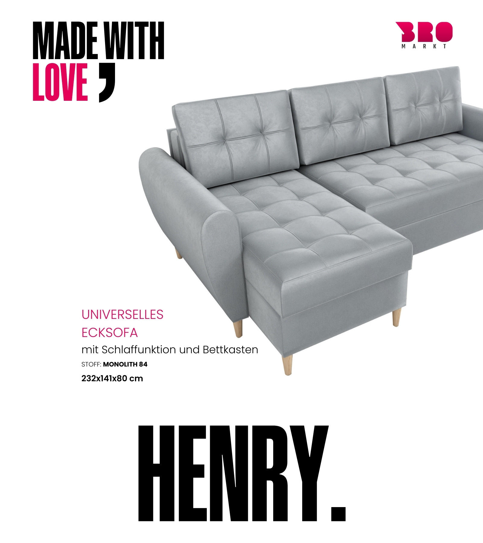 ECKSOFA Henry mit Schlaffunktion Grau Samtstoff - Hellgrau, Textil (232/141cm) - Bromarkt