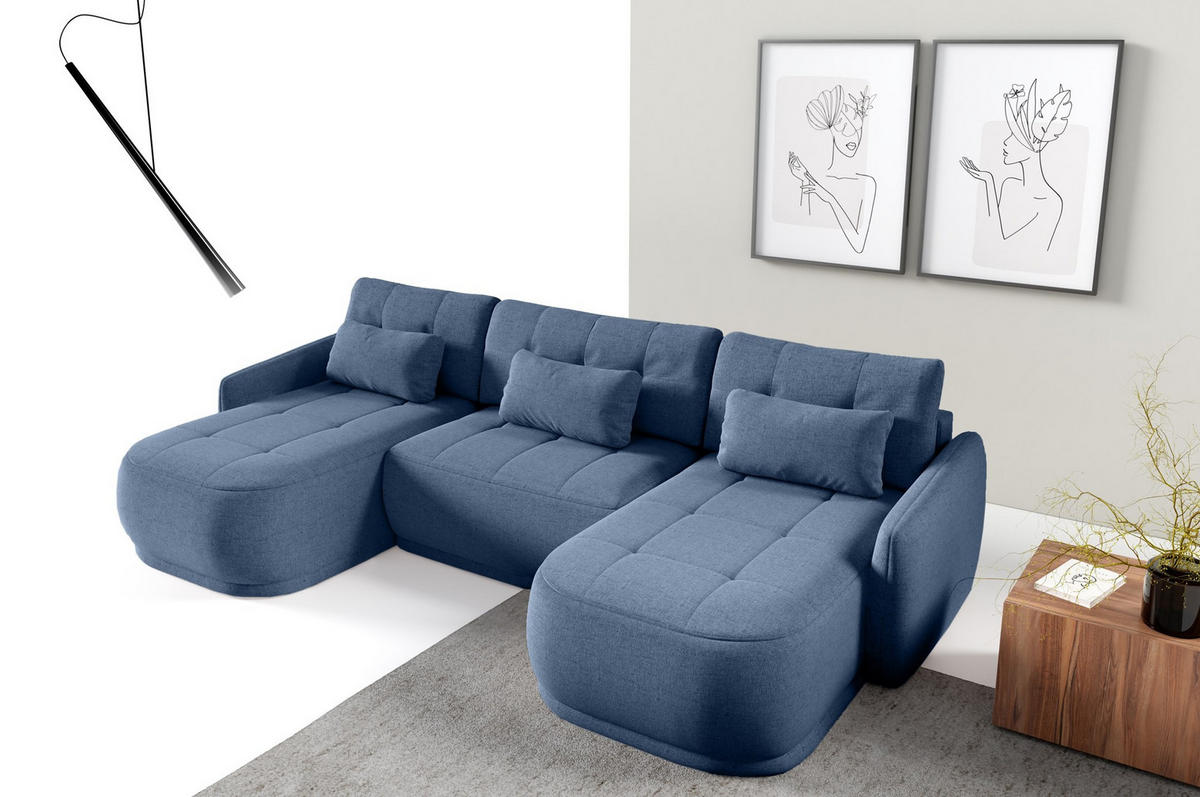 WOHNLANDSCHAFT Krabi Dunkelblau, U-Form mit Schlaffunktion - Dunkelblau, Textil (332/93/167cm) - Bettso