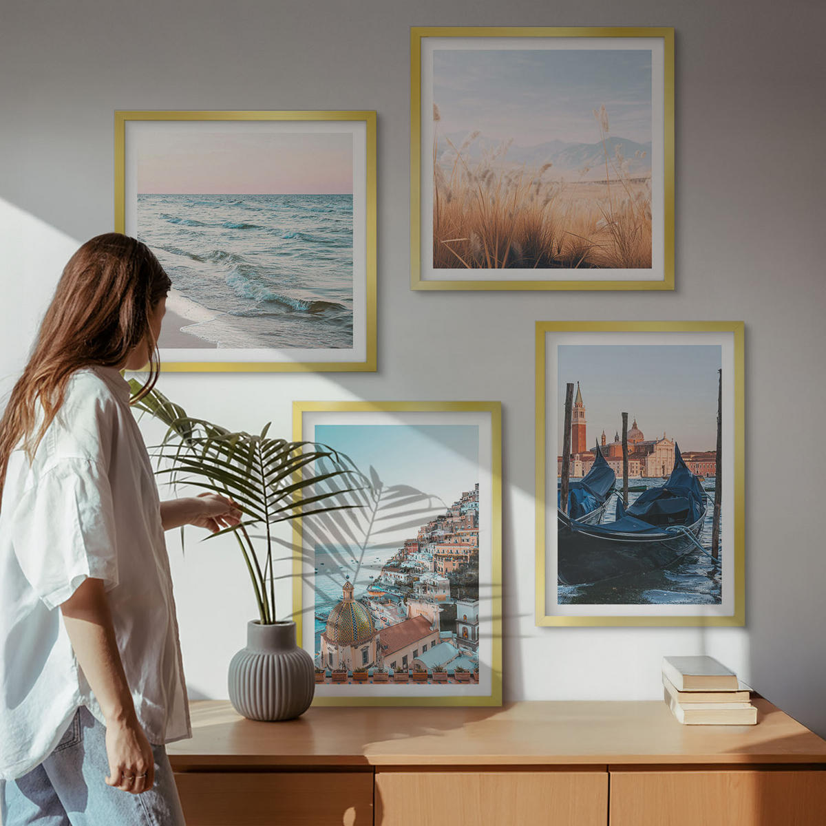BILDER SET 4er Set - 50x50 cm & 40x60 cm Goldrahmen - Meerblick von Venedig - Goldfarben, Kunststoff (50/50cm) - TULUP