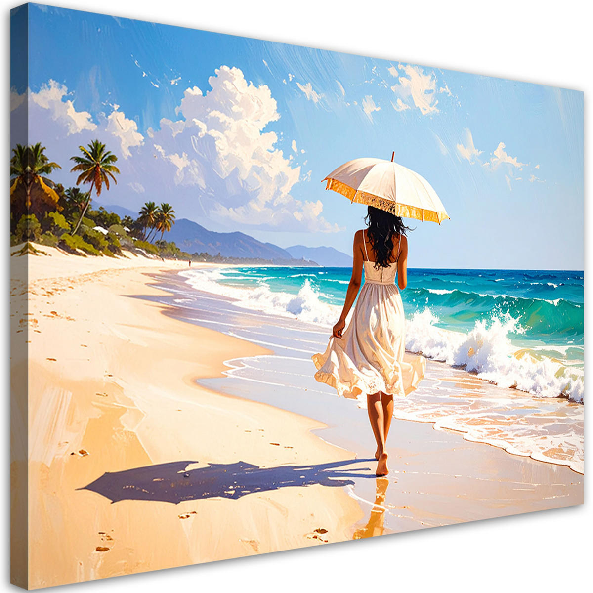 LEINWANDBILD Frau mit Sonnenschirm spaziert am Strand 100x70cm - Beige, Textil (100/70cm) - Feeby