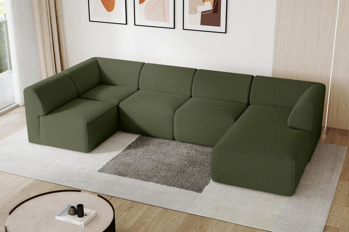 WOHNLANDSCHAFT Ottomane Rechts MOVO-L 345x180x78 cm Grün Bouclé - Schwarz/Grün, Holzwerkstoff/Kunststoff (345/78/180cm) - ALTDECOR