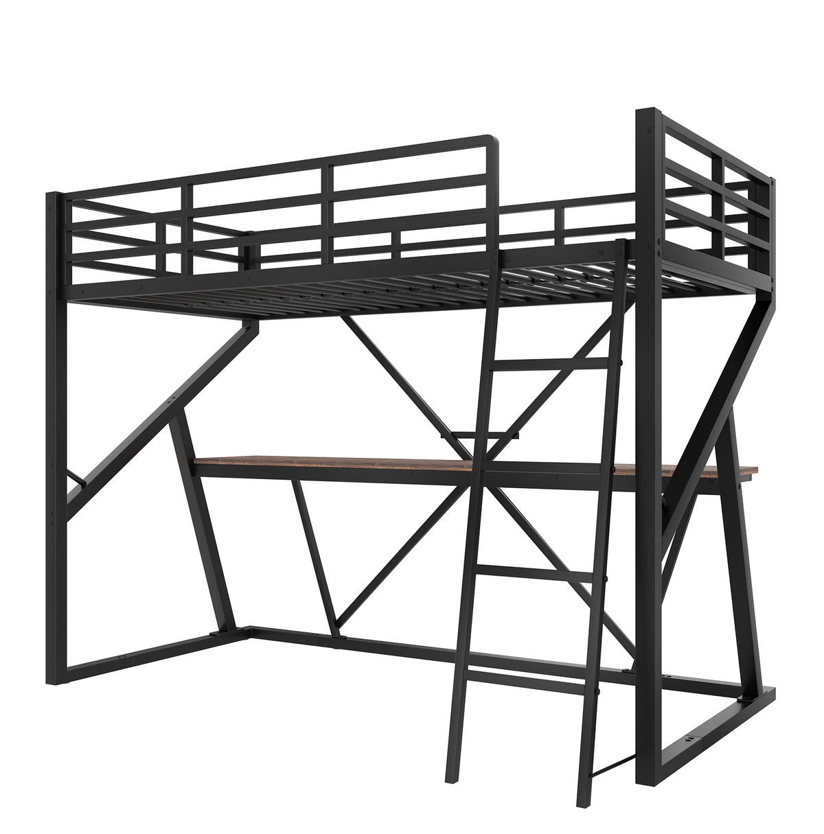 HOCHBETT 90/200 cm Schwarz mit LED-Beleuchtung und Schreibtisch aus Metall - Schwarz, Metall (90/200cm) - OKWISH