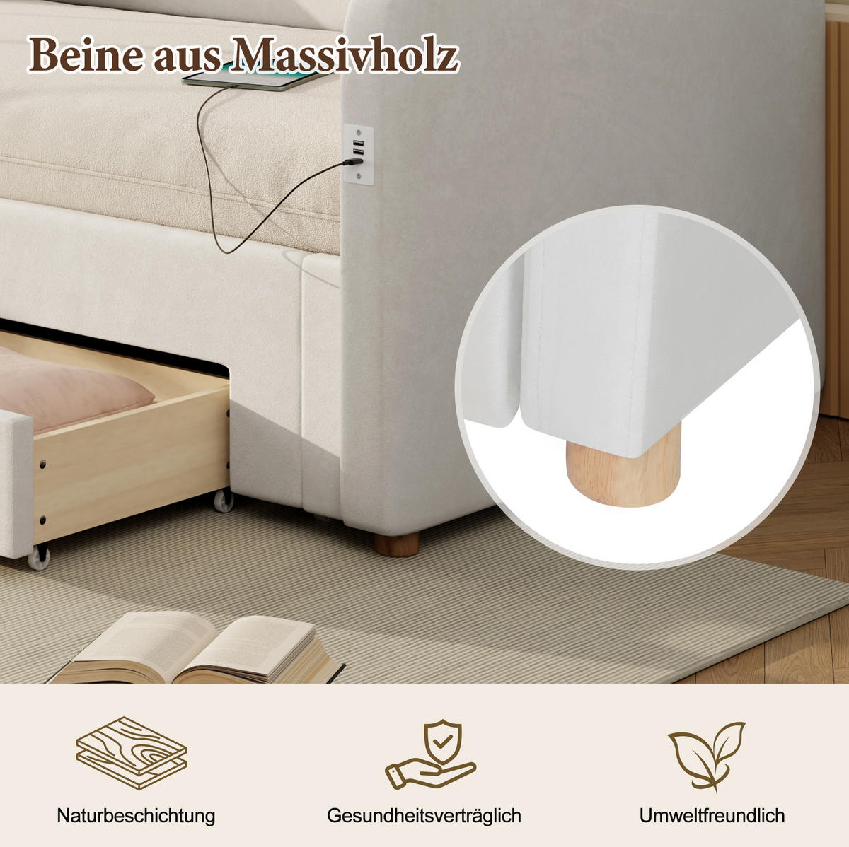 POLSTERBETT 90/200 cm Beige aus Samt mit Ausziehfunktion - Beige, Textil - OKMYHOME