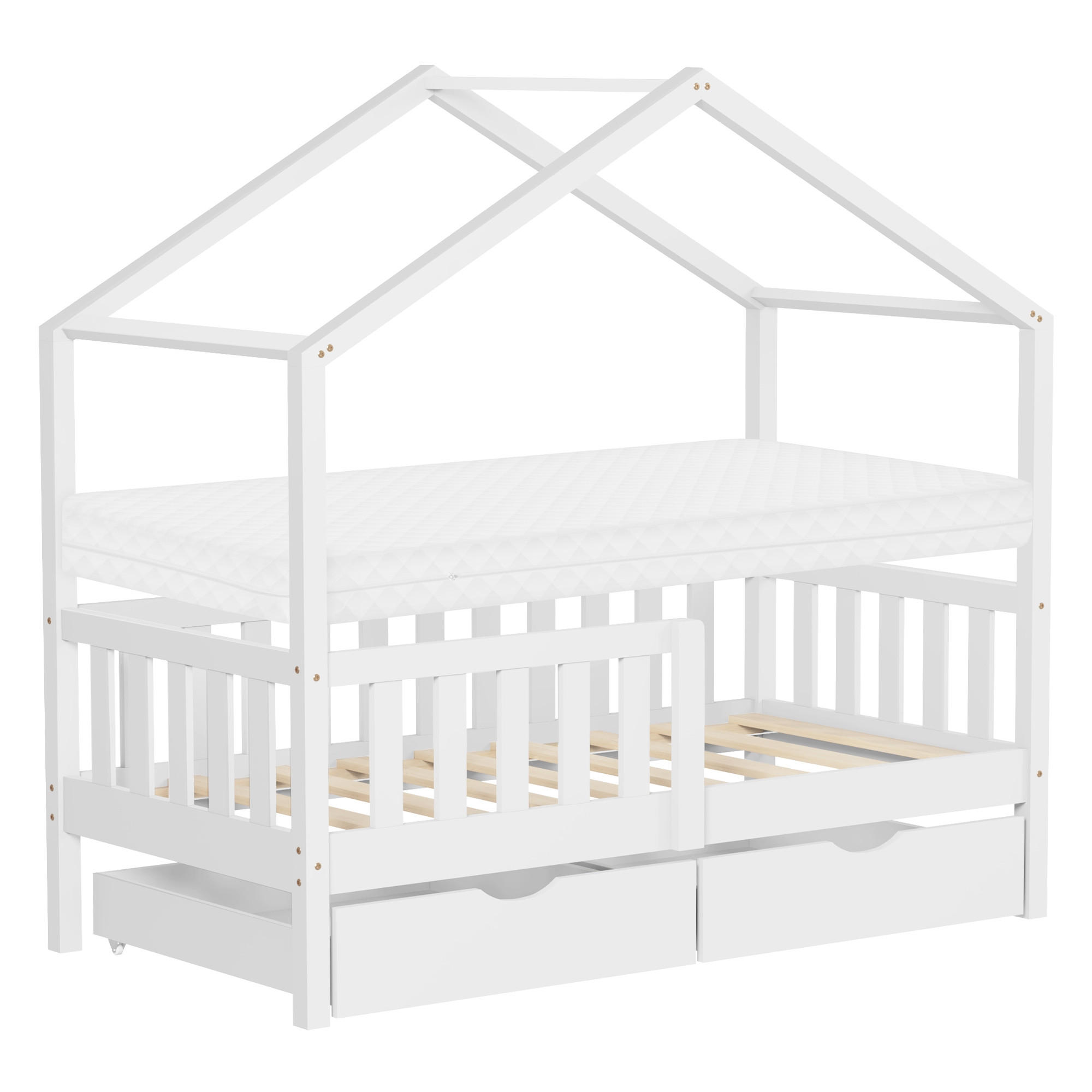 HAUSBETT mit Matratze 70x140 cm und 2 Schubladen Weiß aus Kiefernholz - Weiß, Holz (70/140cm) - ML-DESIGN