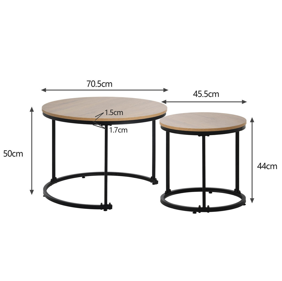 COUCHTISCH-SET aus MDF 50x70,5 cm und 45,5x44 cm Eichefarben, nestbar mit Metallgestell und pflegeleichter Oberfläche - Naturfarben, Holzwerkstoff (70.5/70.5/50cm) - Modfu
