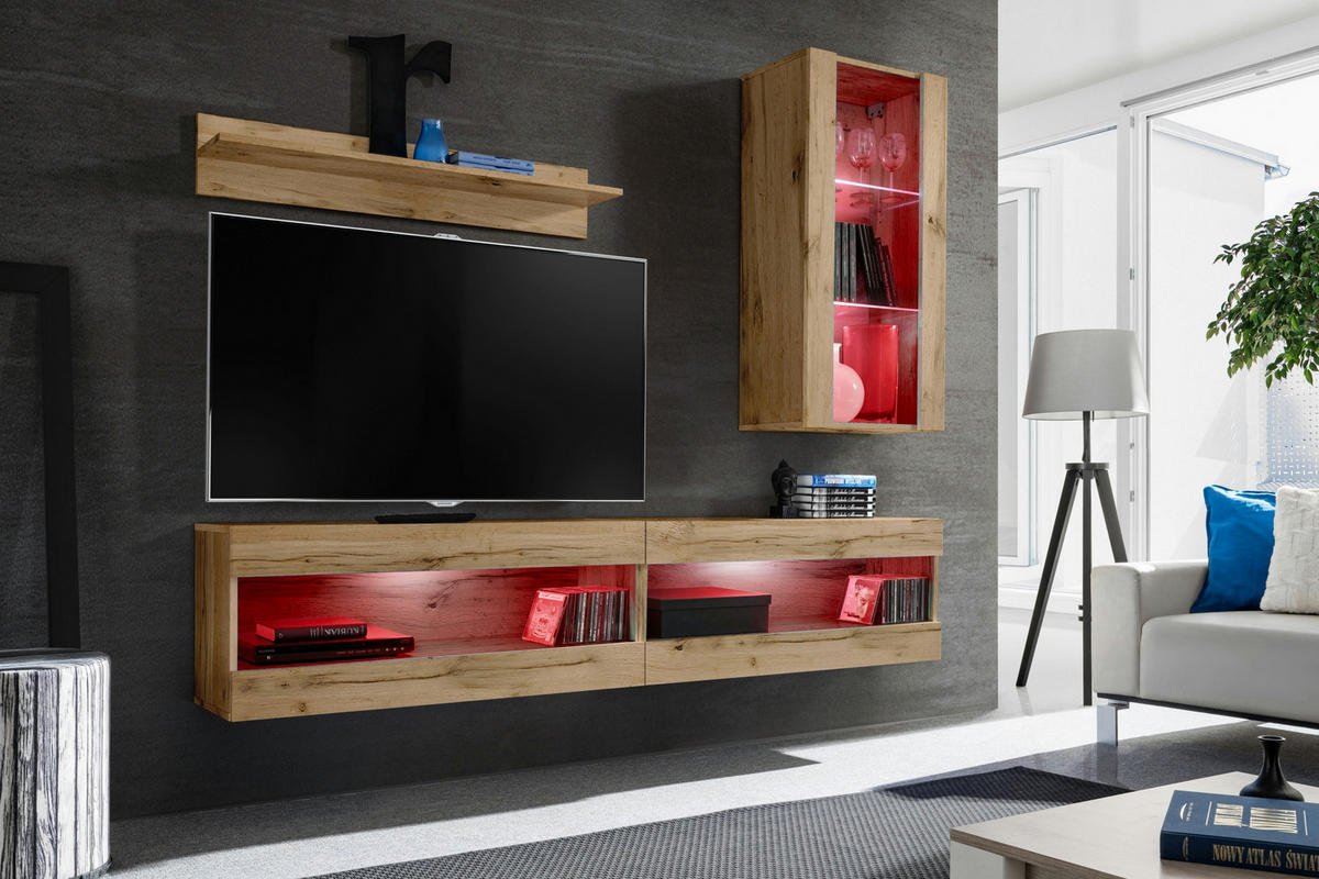 WOHNWAND 4-er Set, TIVOLI SET5 mit mehrfarbige LED RGB Beleuchtung Wotan + Wotan, Offener Raum - Eiche Wotan, Glas/Holzwerkstoff (240/195/35cm) - Komodee