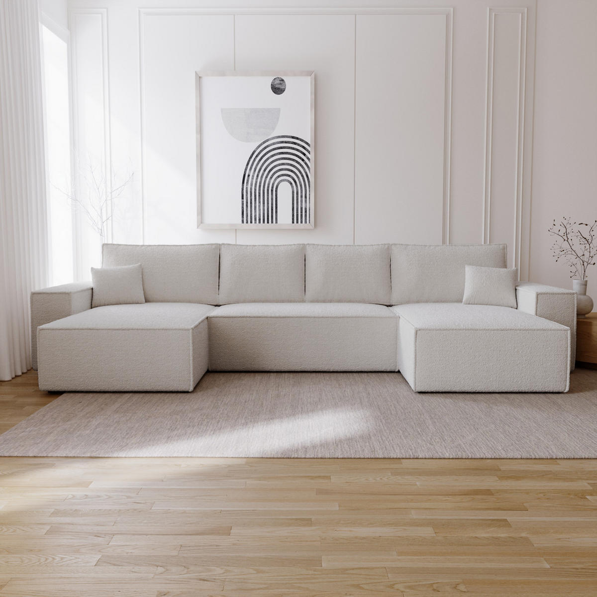 ECKCOUCH Bergamo U Bouclé mit Schlaffunktion, 380 cm, Hellgrau - Hellgrau, Holz (377/189cm) - Emporius