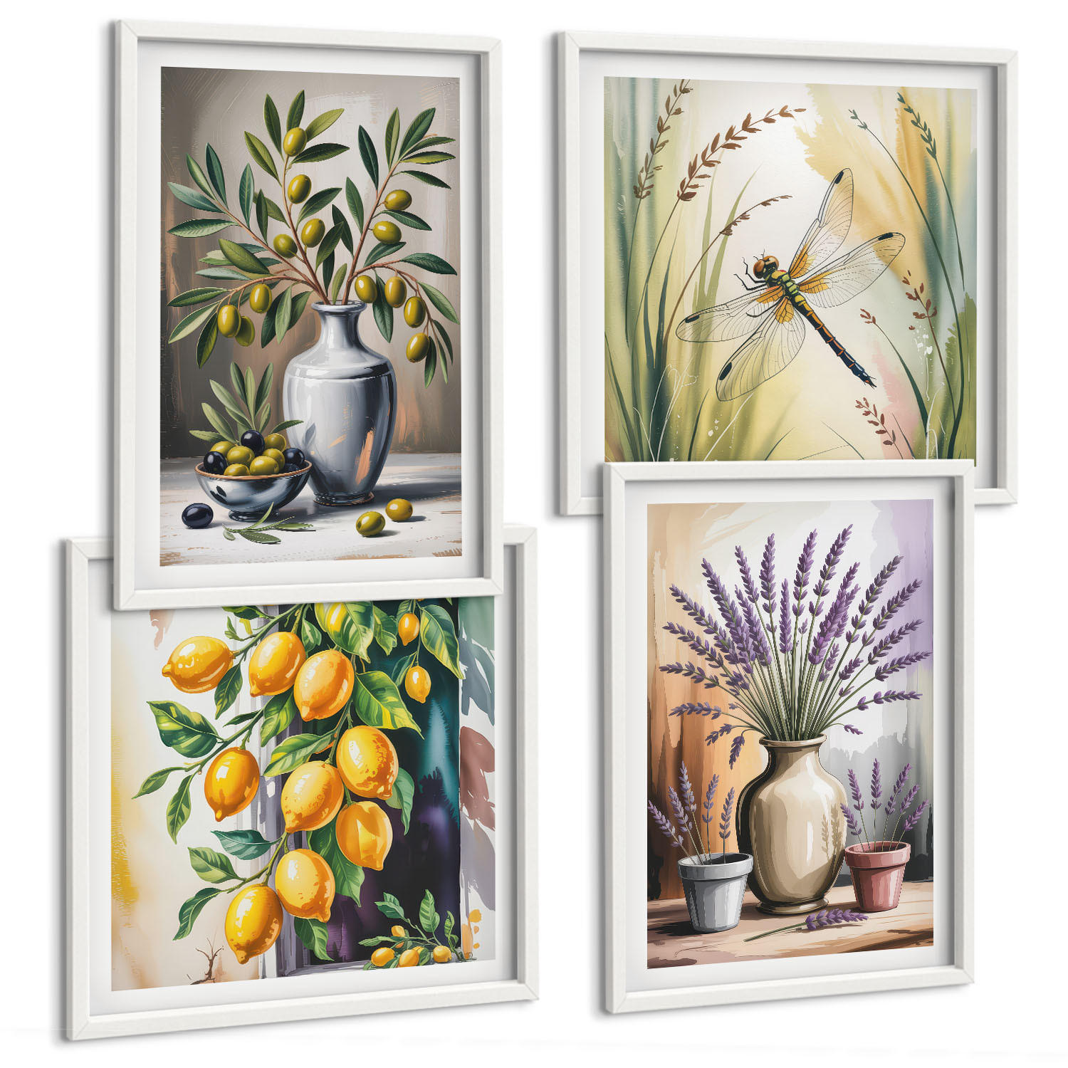 BILDER SET 4er Set - 50x50 cm & 40x60 cm Weißer Rahmen - Olivenblüten in Vasen Natur - Weiß, Kunststoff (50/50cm) - TULUP