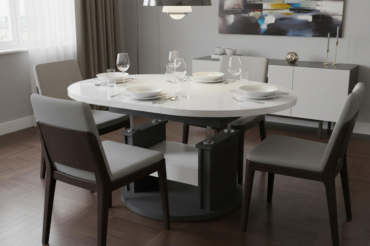 COUCHTISCH rund ausziehbar höhenverstellbar Schubalde 100/100/60 cm - Weiß Hochglanz/Schwarz, Holzwerkstoff (100/100/60cm) - designimpex