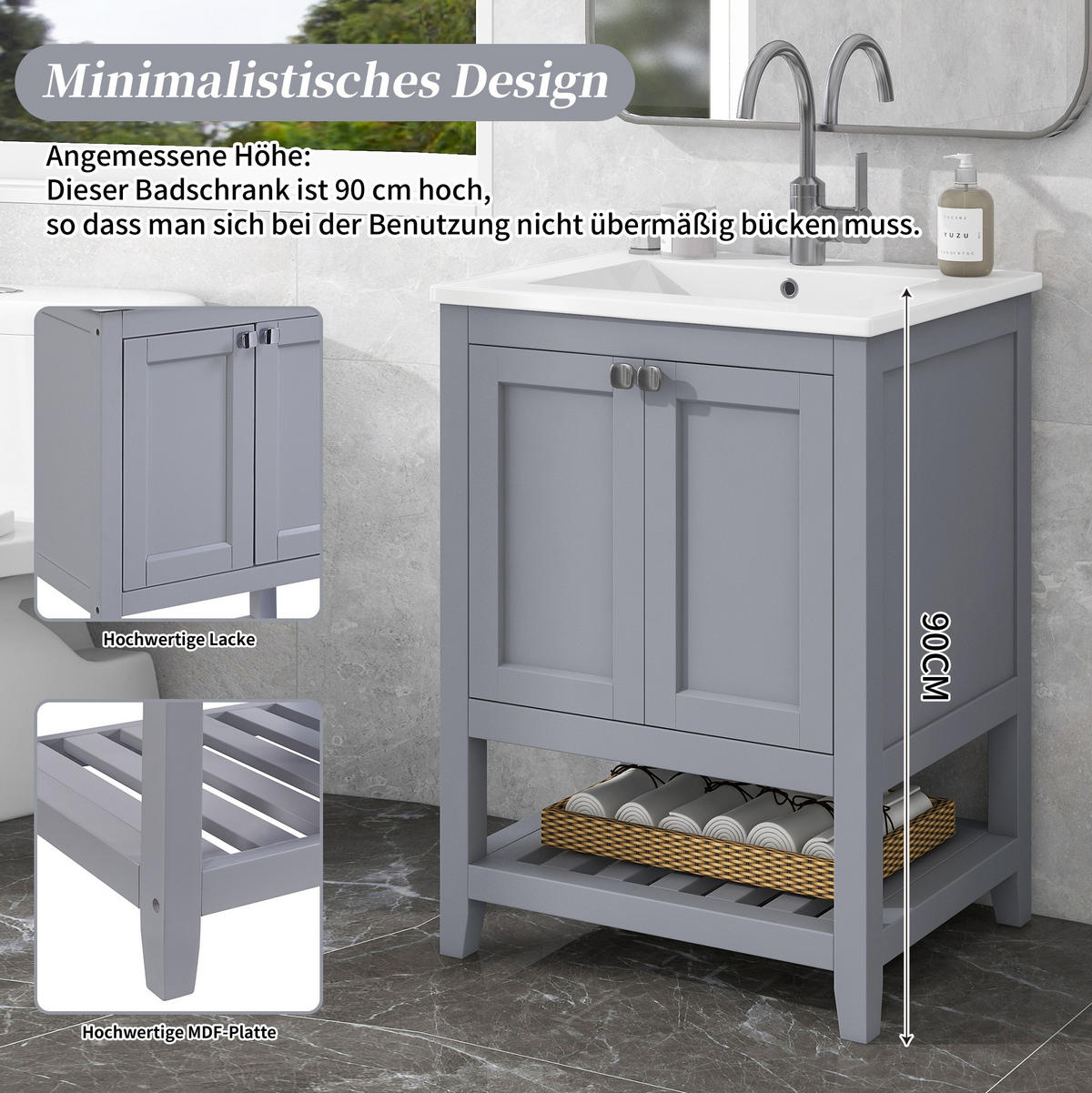 WASCHTISCH mit Unterschrank aus Massivholz und MDF 61x46x90 cm Grau/Weiß, bodenstehend mit Keramikbecken und Stauraum - Weiß, Holzwerkstoff (61/90/46cm) - Modfu