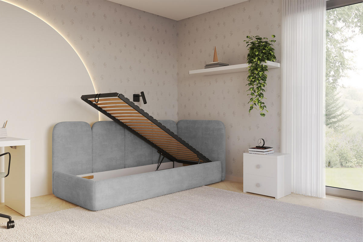 EINZELLBETT Jugendbett mit Bettkasten, Links - VELY 90x200 Grau - Hellgrau, Holzwerkstoff/Textil (90/200cm) - ALTDECOR