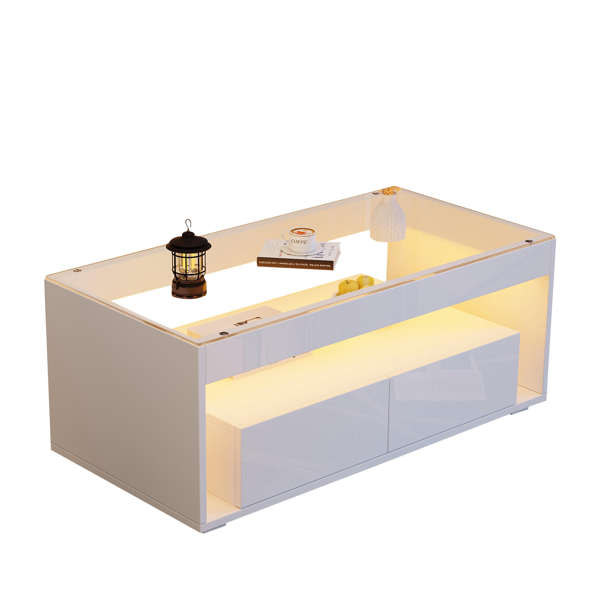 COUCHTISCH 100/50/40 cm in Weiß mit LED-Beleuchtung und 2 Schubladen - Weiß, Holzwerkstoff (100/50/40cm) - Flora Grace