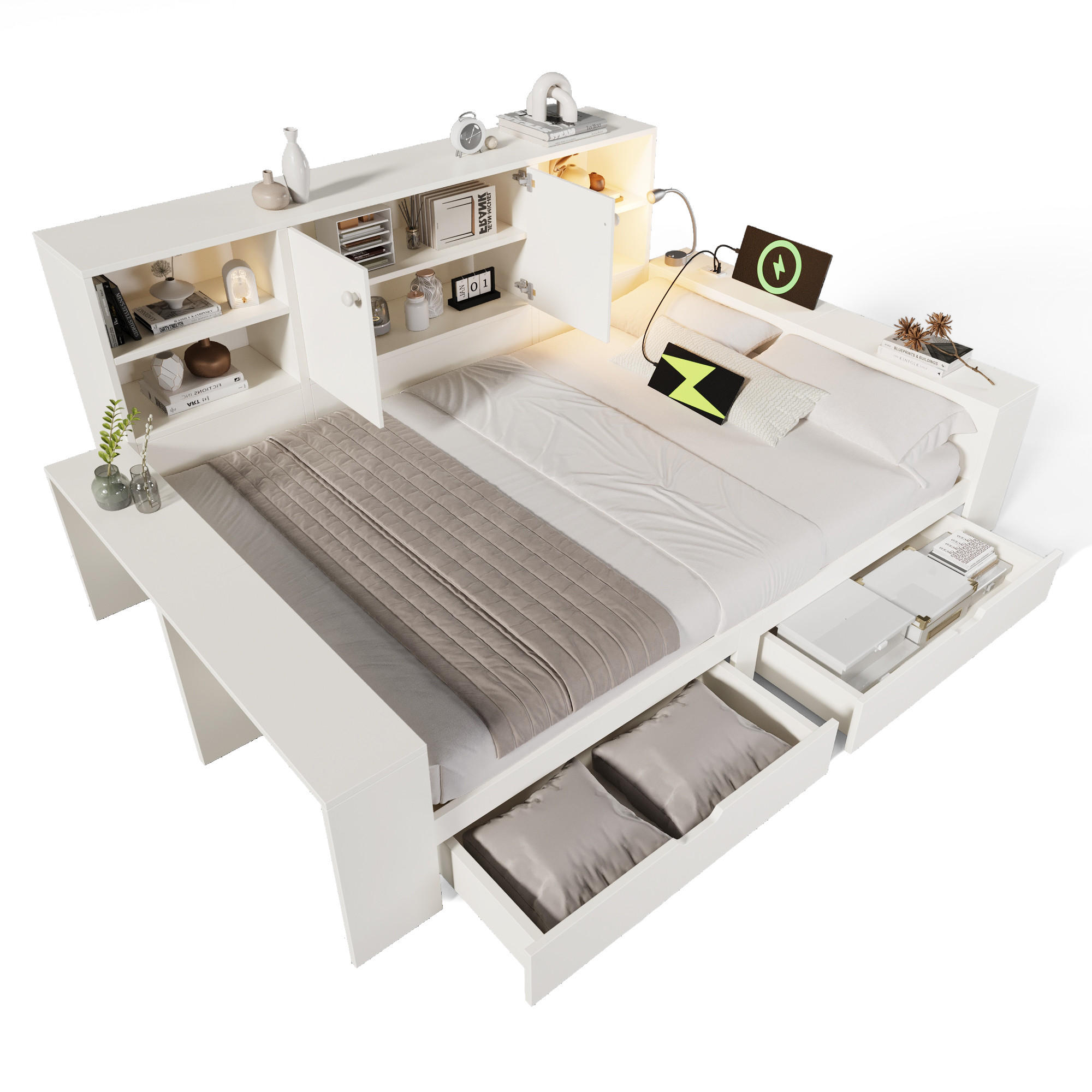 BETT 140/200 cm in Weiß mit 2 Schubladen, Stauraum, USB, Type-C und Leselampe Holz Design - Weiß, Holzwerkstoff (140/200cm) - STILVORA