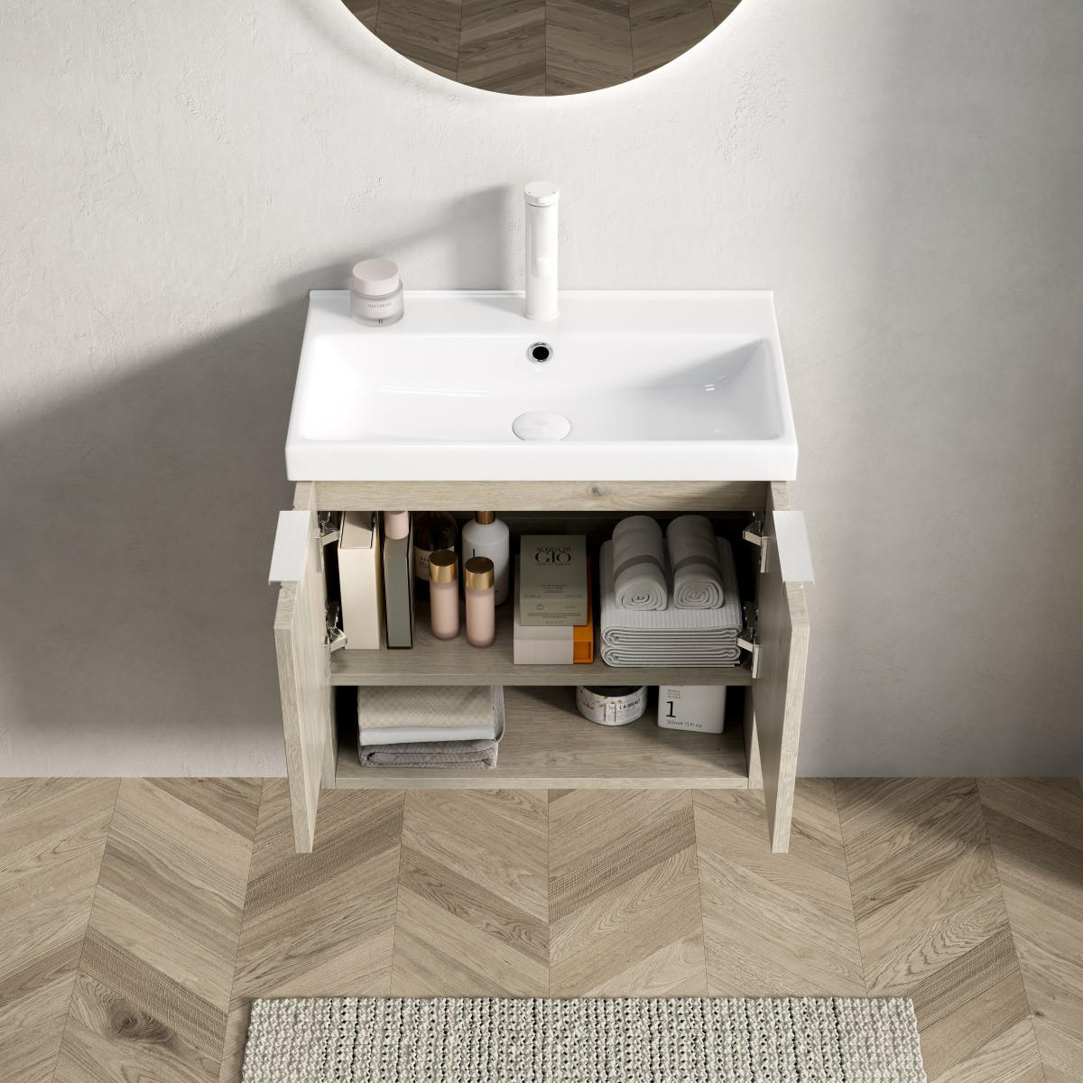 BADMÖBEL Waschtisch 55 cm,Wandhängend Keramik-Waschbecken Eiche Creme Unterschrank Doppeltür - Creme, Holz (55/53/32cm) - PARAFTA HOME