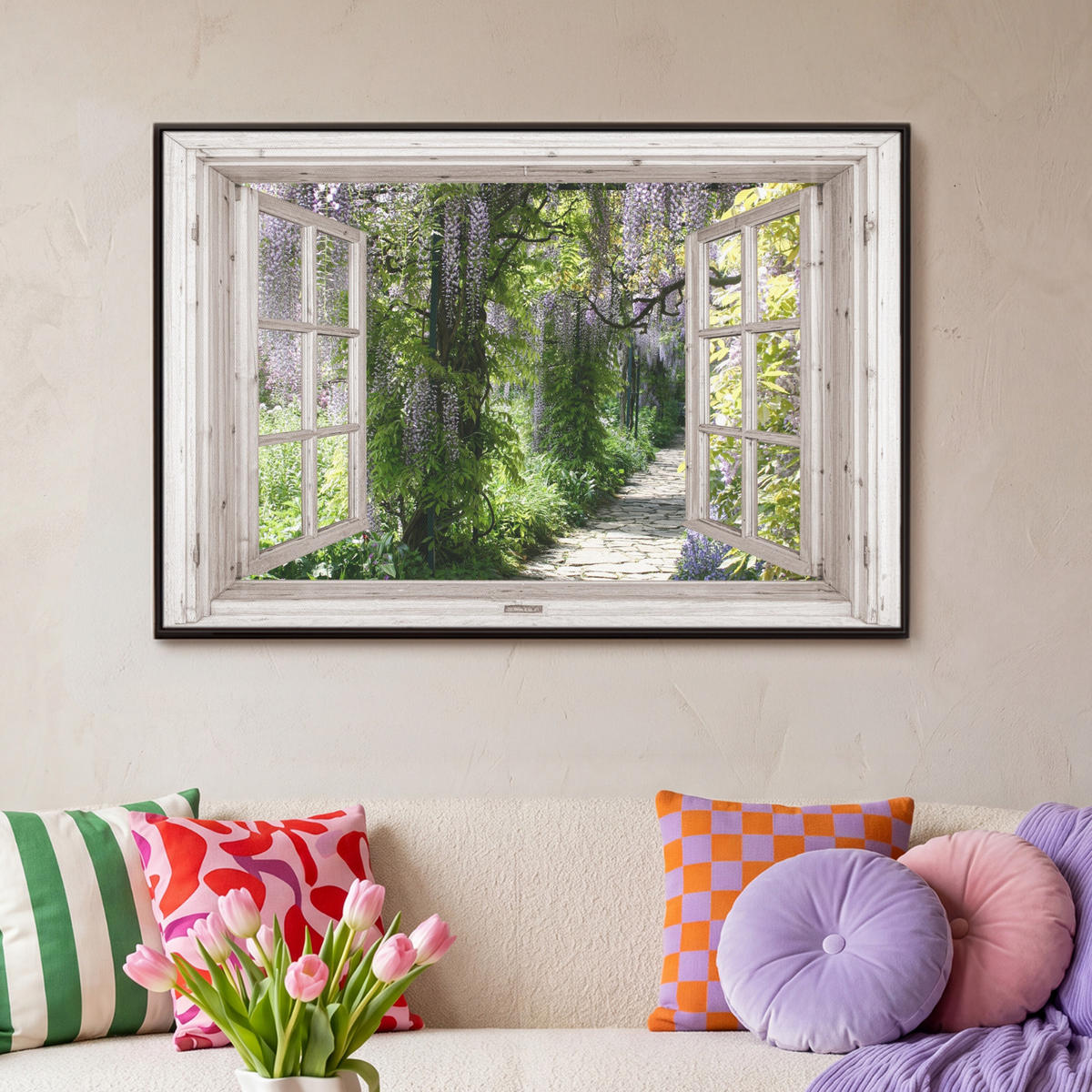LEINWAND Bilder mit Rahmen - Blauer Regen - Blumen - Aussicht - Baum - Frühling - 90x60 - Grün, Textil (90/60cm) - MuchoWow