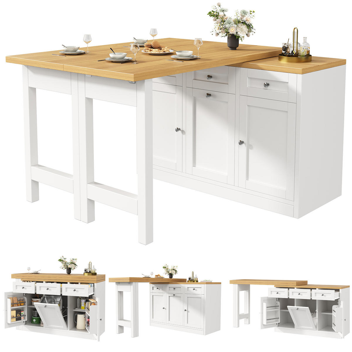 BARTISCH DE-38359 120/200 cm ausziehbar mit Schublade und Mülleimerhalter Weiß - Weiß, Holzwerkstoff (40/120/75.5cm) - ComfortXL
