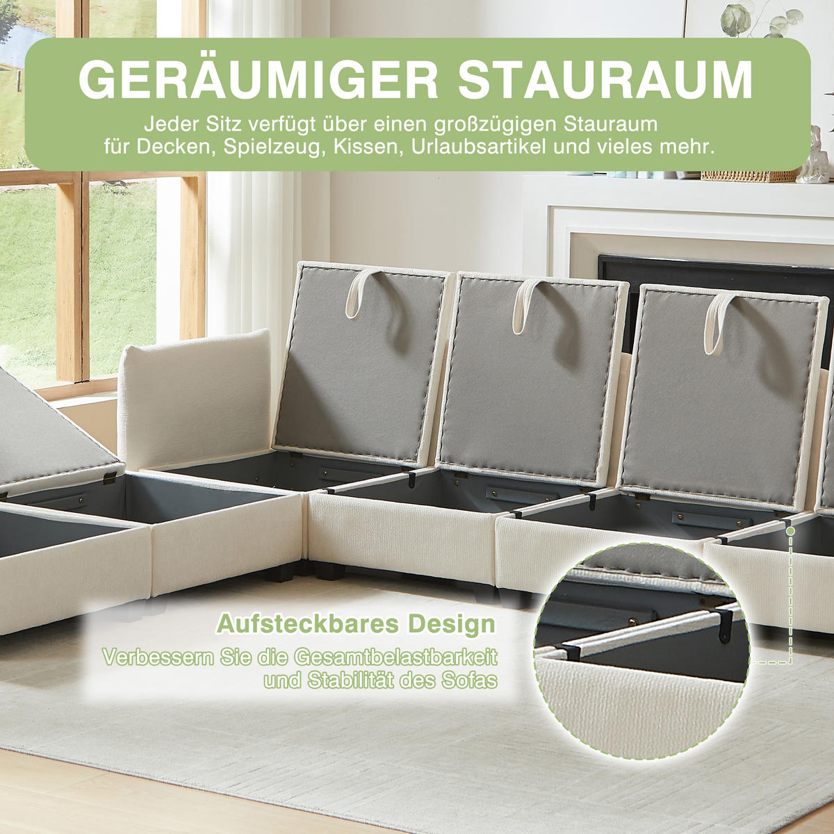 WOHNLANDSCHAFT 281/147/89 cm Beige mit 2 Fußhocker - Beige, Textil (281/89/147cm) - Oxeza