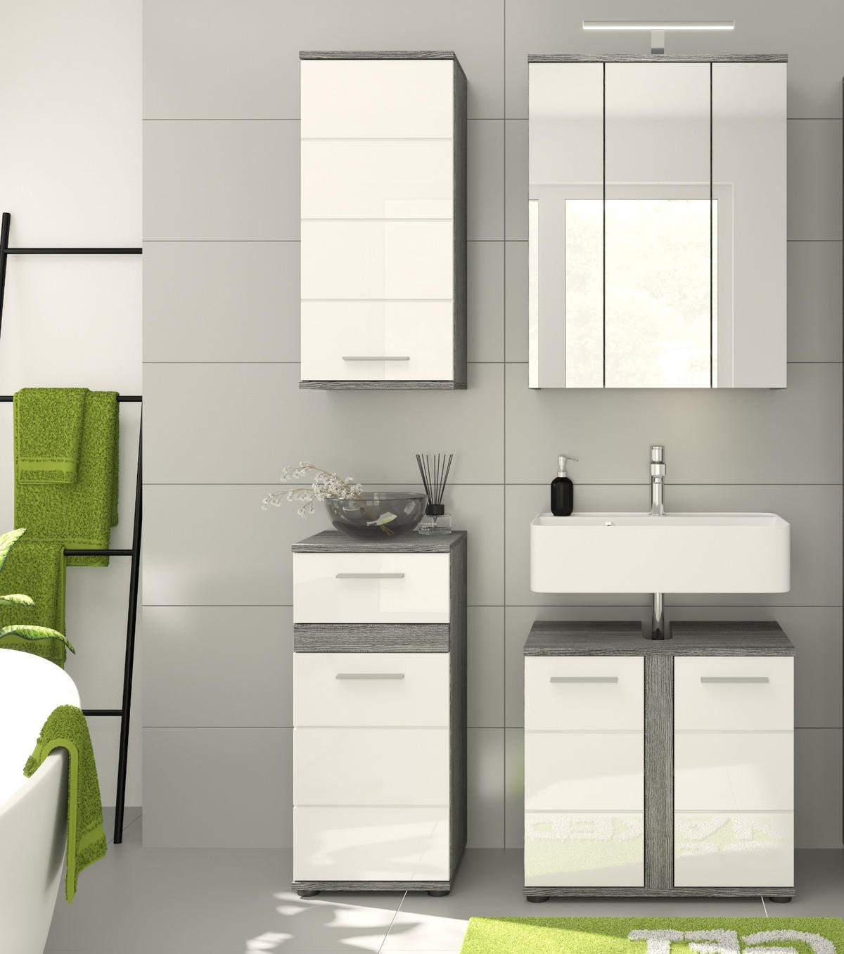 HÄNGESCHRANK weiß Hochglanz, grau, Badschrank mit 3 Fächern - Weiß Hochglanz/Silberfarben, Holzwerkstoff/Kunststoff (35/77/25cm) - Inn.Furn
