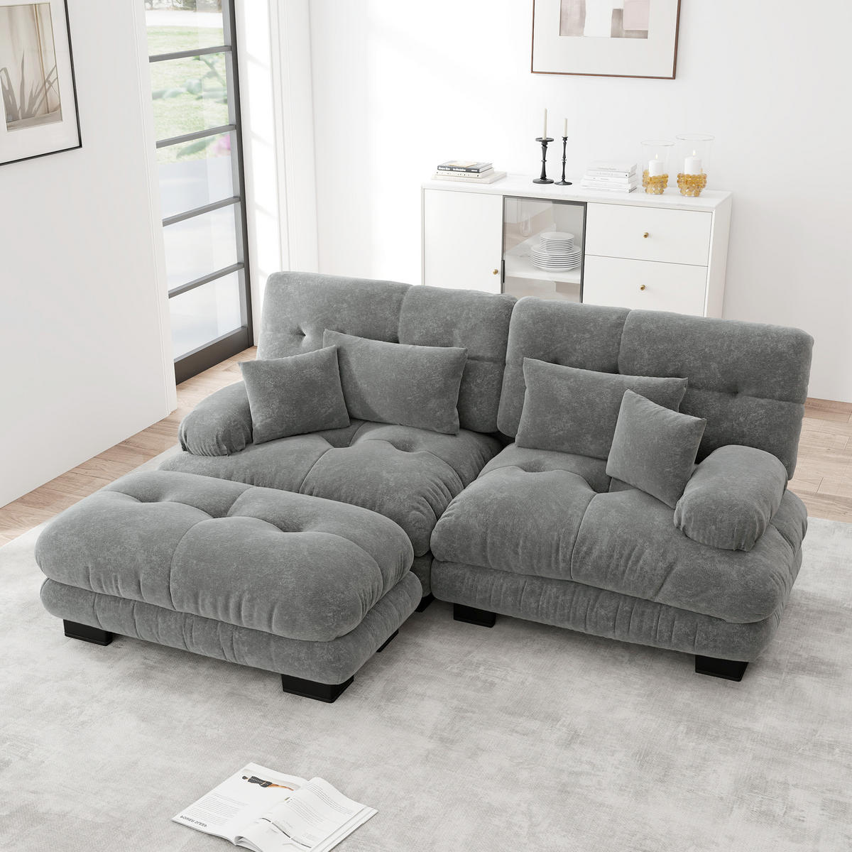 ECKSOFA Chenille Grau mit Kissen und Ottoman - Grau, Textil (220/145cm) - WISHDOR
