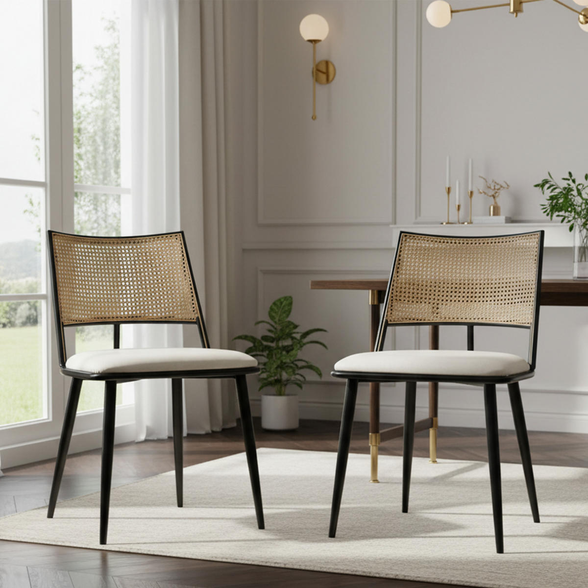 STUHL-SET DE-35953 2 Stück mit Rattan-Lehne und PU-Sitz Schwarz - Schwarz, Metall (48/80/46cm) - ComfortXL