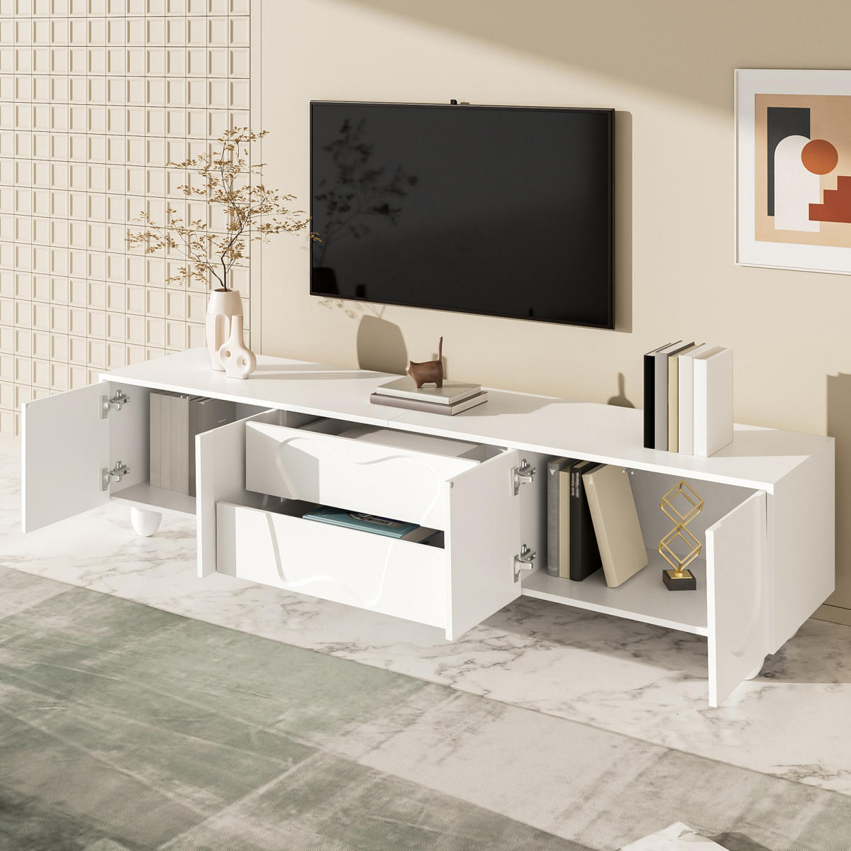TV Lowboard 180 cm, Holzfüße, Stauraum, Weiß - Weiß, Holz (180/42/40cm)