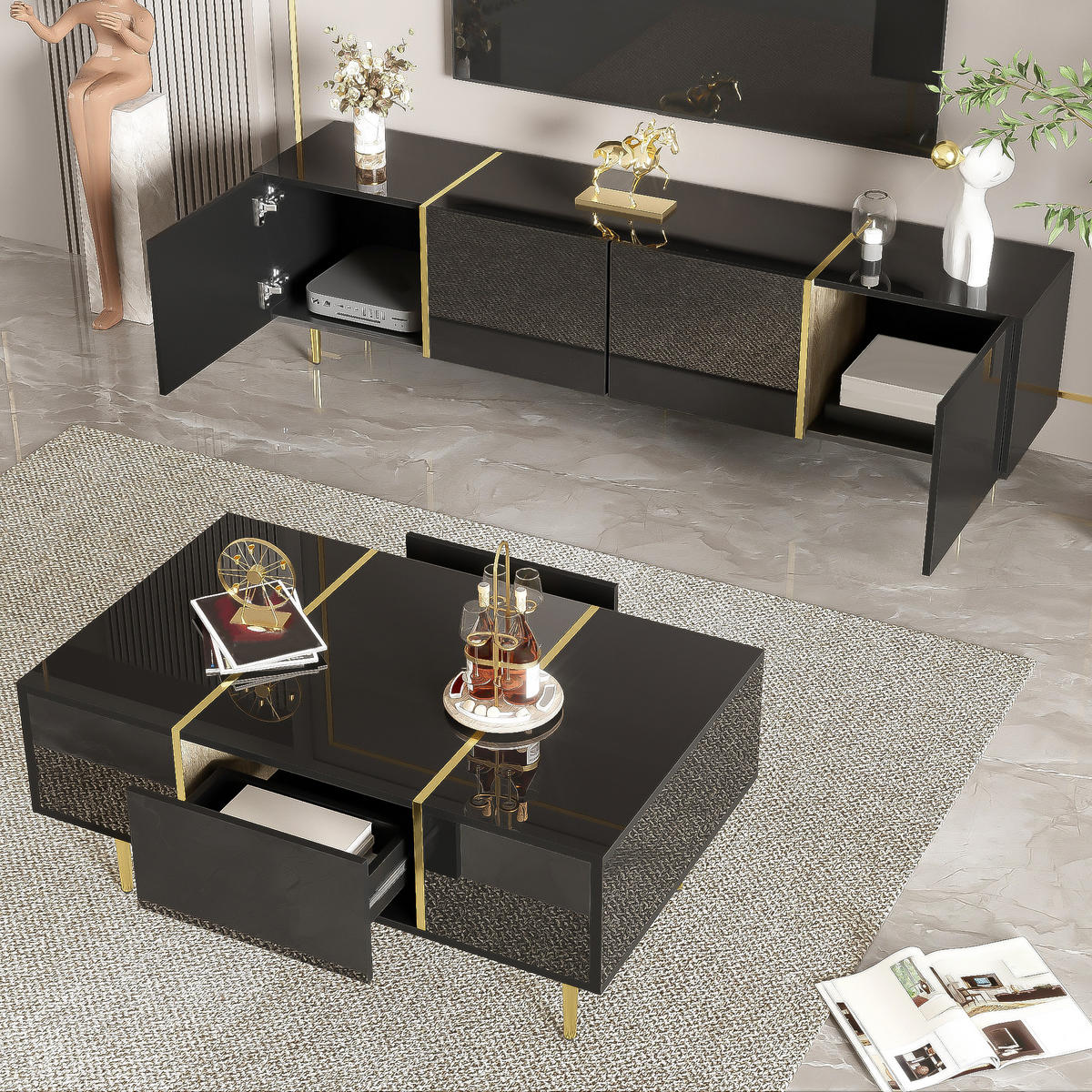 TV-SCHRANK Couchtisch Set schwarz - Schwarz, Holzwerkstoff (170/46/35cm)