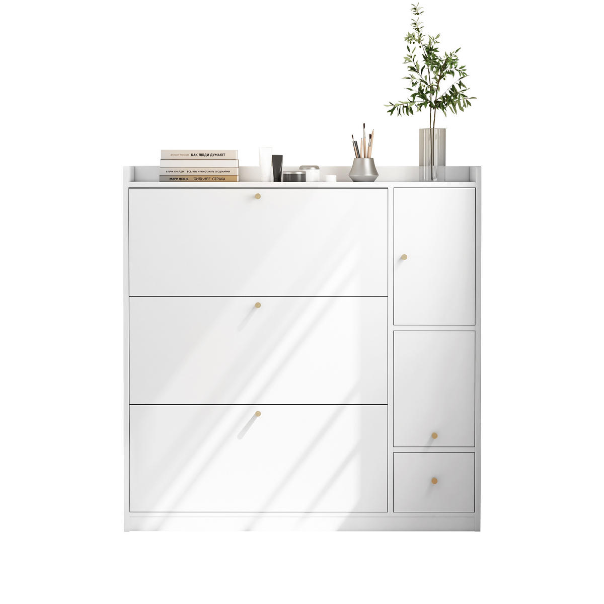 SCHUHSCHRANK aus Spanplatte 119x24x122cm in Weiß mit klappbarer Sitzbank - Weiß, Holzwerkstoff (119/122/24cm) - Modfu