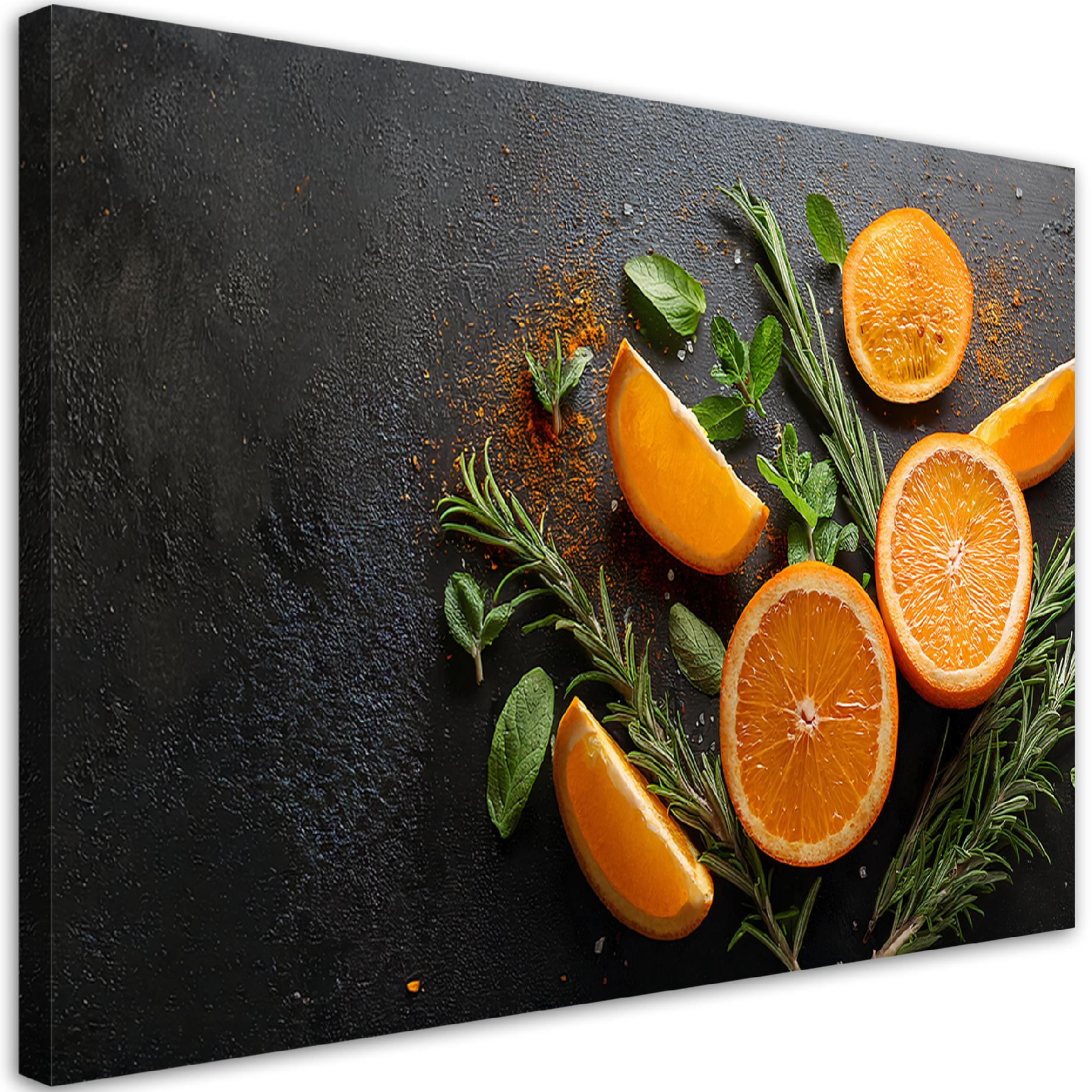 WANDBILD orangen früchte gewürze lebensmittel für die küche - Orange, Textil (60/40cm) - Feeby